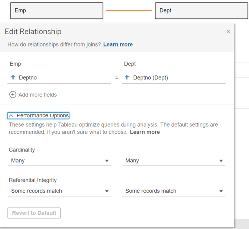 Tableau Relationship between Emp and Dept