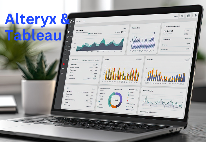 Data preparation and visualization dashboards on laptop representing Alteryx and Tableau training program