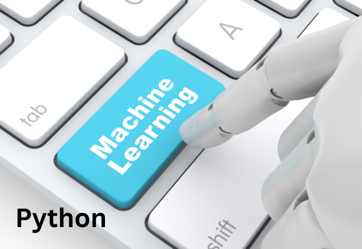 Machine learning and Python programming concept displayed on keyboard representing training course