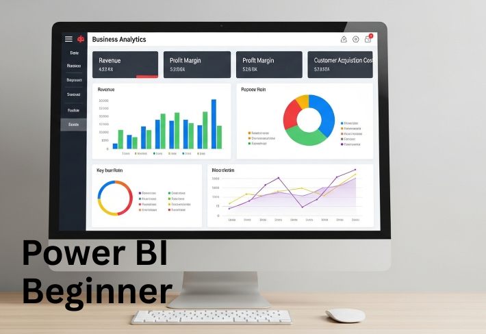 Power BI dashboard with charts and graphs on screen representing business intelligence training program