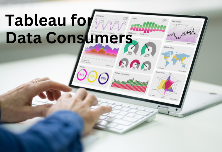User interacting with data dashboards on laptop representing Tableau data interpretation training program