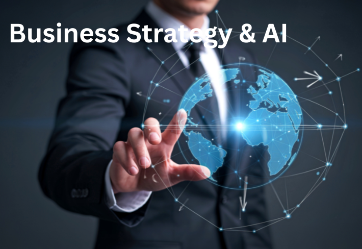 Business professional interacting with digital data and AI interface representing AI-driven business strategy training